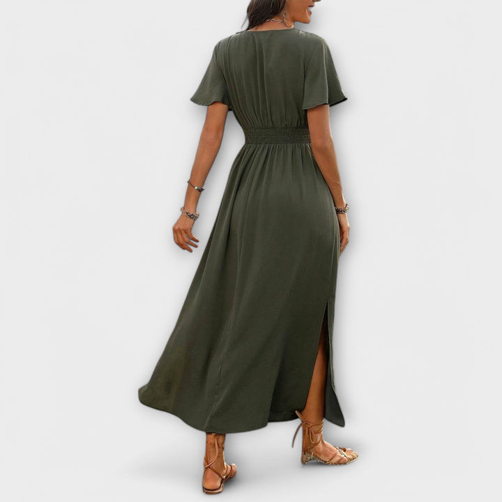 Heather - Robe bohème élégante avec col en V et manches longues
