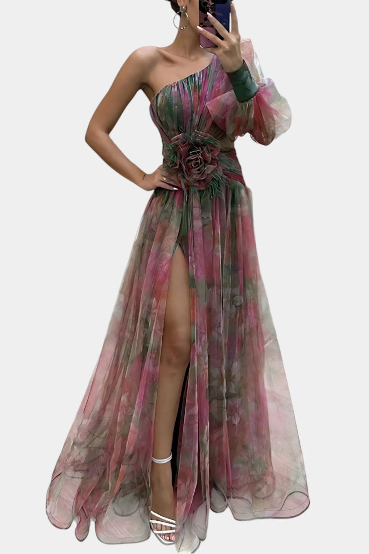 Robe longue asymétrique Amelie à épaule unique et motif artistique