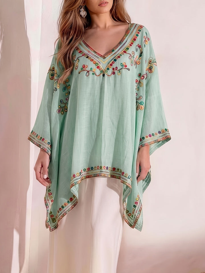 Effortless Poncho Shirt for Women with V Neck Embroidered Trim Draped Kaftan Style