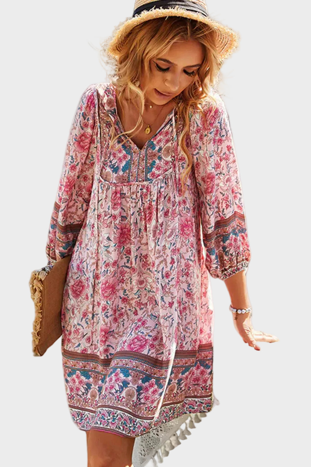 Boho Mini Dress Tunic Dress, Karlie Vintage Pink Rose – The Harrington Sisters