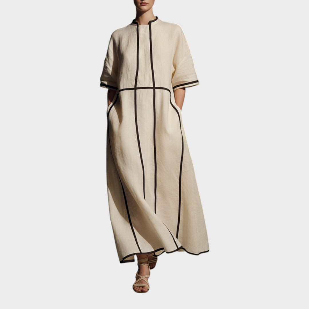 Peyton | Robe longue moderne en mélange de lin beige pour femme avec col montant, demi-manches, lignes contrastantes et poches MDA2924L4AU