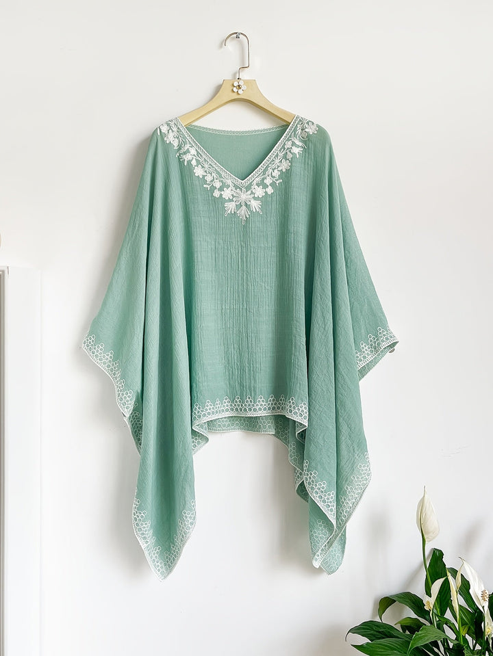 Effortless Poncho Shirt for Women with V Neck Embroidered Trim Draped Batwing Style
