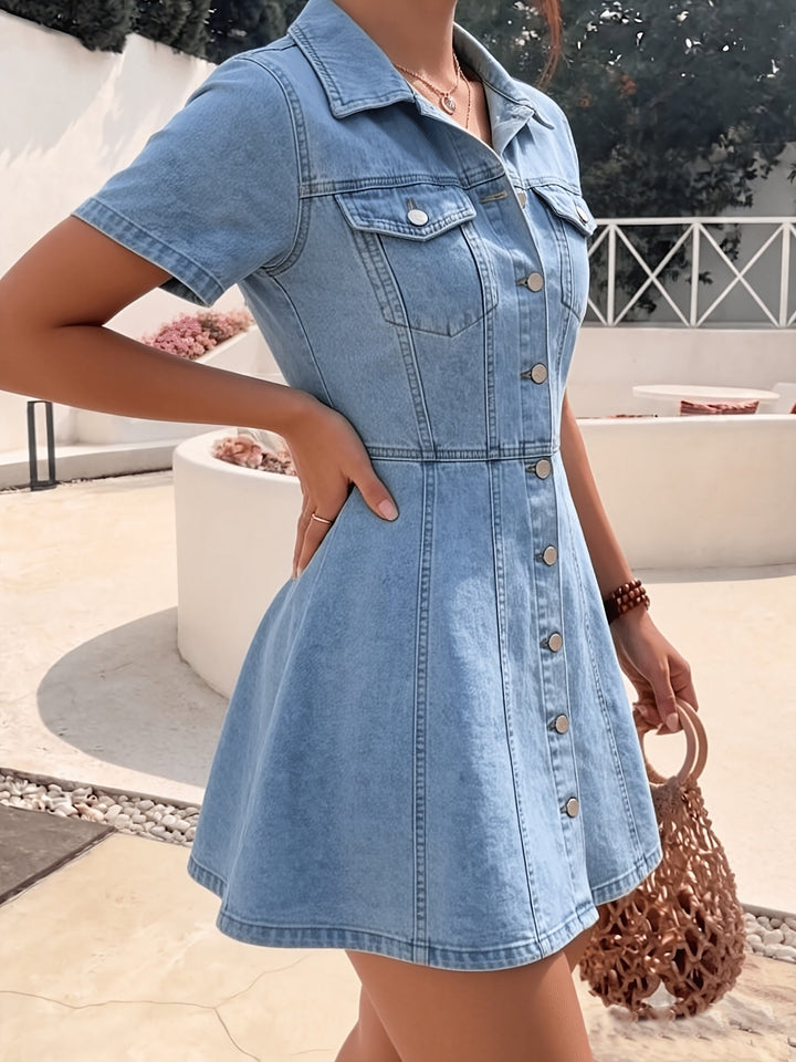 Elegant Deep Blue Denim Jacket for Women with Button-Front A-Line Fitted Flared Hem