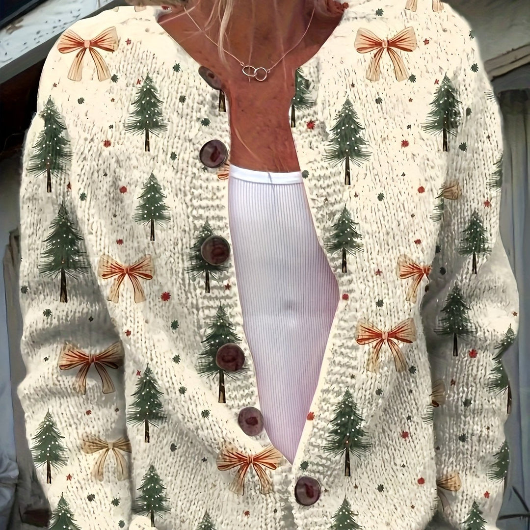 Comfortable Bow Print Christmas Sweater for Women with V Neck Long Sleeve Button Front Relaxed Knit Style
