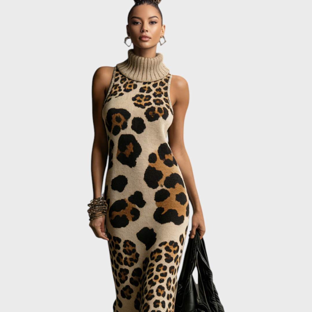 Shannon | Abito lungo in maglia con stampa leopardata irregolare marrone