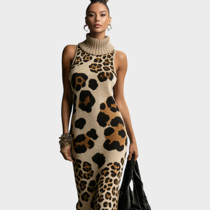 Shannon | Abito lungo in maglia con stampa leopardata irregolare marrone