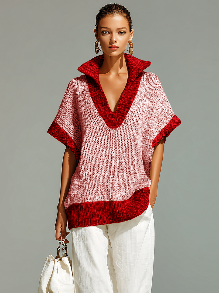 Fiona | Gilet in maglia senza maniche, modello casual colorblock beige con colletto alla coreana