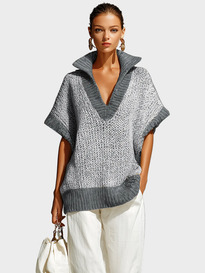 Fiona | Gilet in maglia senza maniche, modello casual colorblock beige con colletto alla coreana