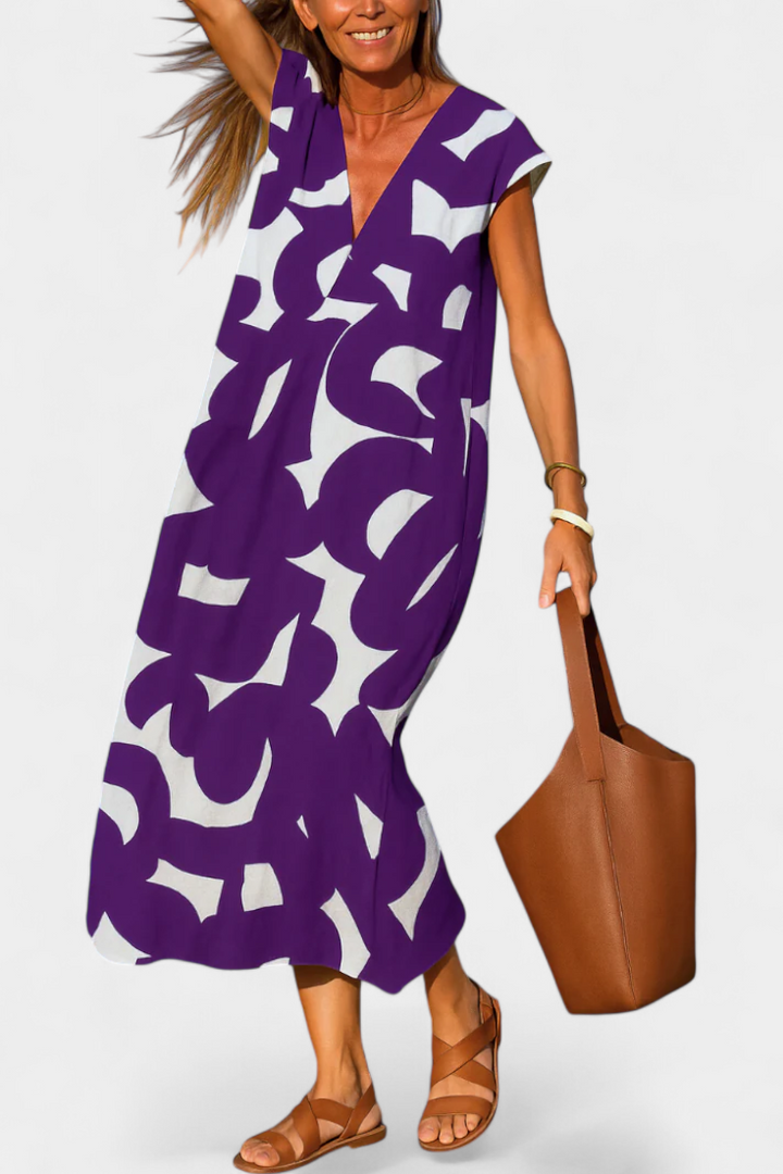 Asela Casual Dress with V-Neck and Mixi Pattern
