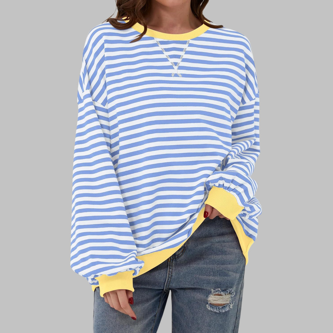 Comoda Felpa a Righe da Donna con Girocollo Maniche Lunghe Bordo a Contrasto Stile Oversize