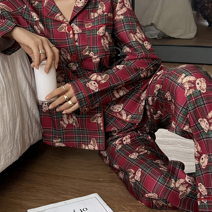 Cozy Bear Plaid Christmas Holiday Pajamas for Women with Notched Collar Long Sleeve Two Piece Style