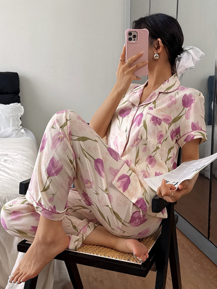 Comfortable Apricot Floral Pajama Set for Women with Notch Collar Short Sleeve Button Front Two Piece Style