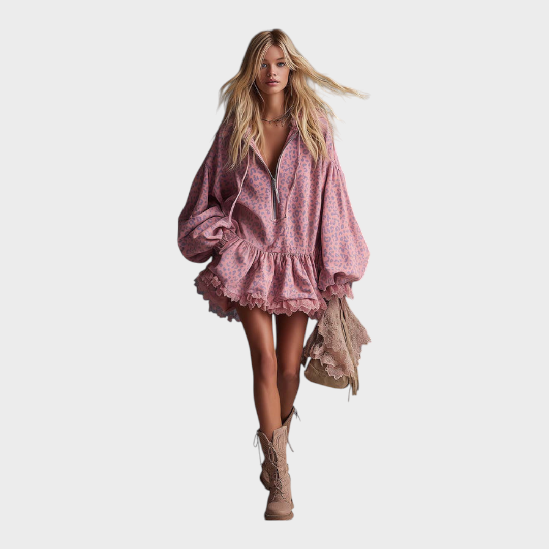 Dayanara | Miniabito elegante stile western con cappuccio, cerniera frontale e raso cucito con stampa leopardata rosa