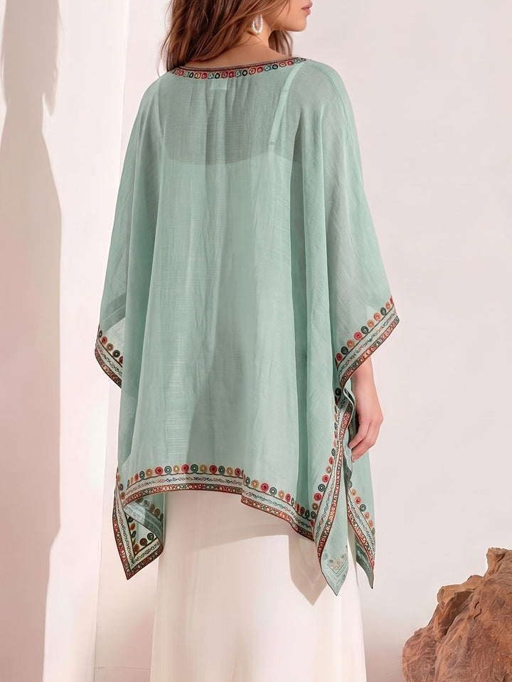 Effortless Poncho Shirt for Women with V Neck Embroidered Trim Draped Kaftan Style