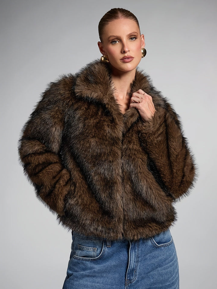Elegant Bronze Fur Coat for Women with Notch Collar Long Sleeve Cropped Open Front Style