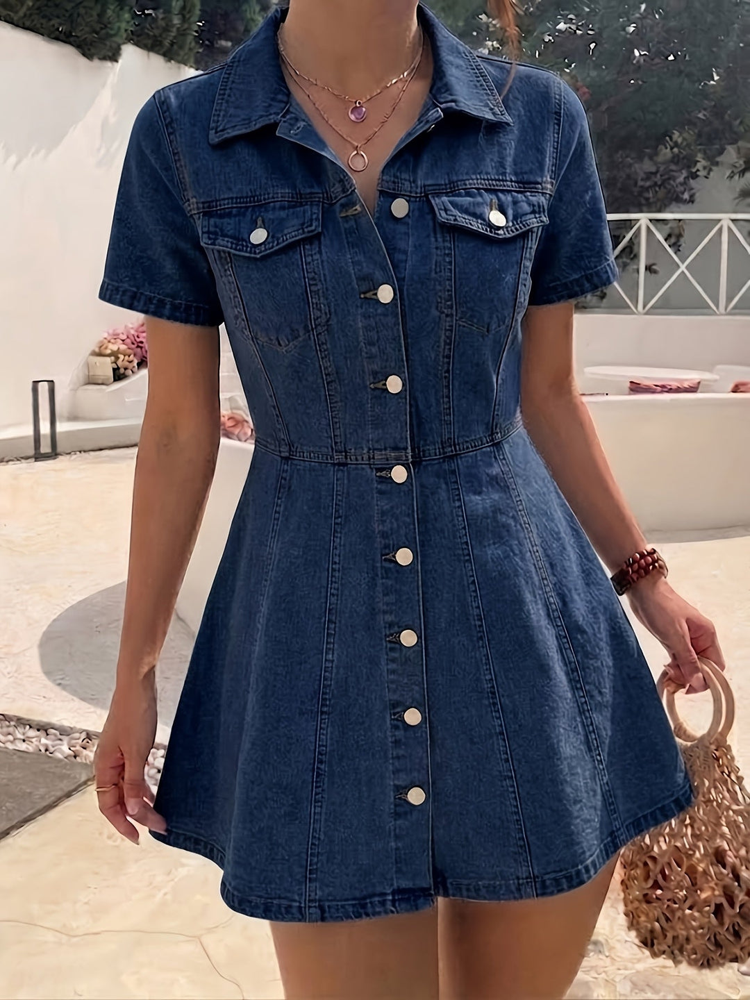 Elegant Deep Blue Denim Jacket for Women with Button-Front A-Line Fitted Flared Hem