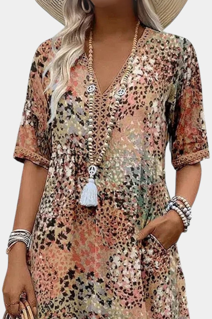 Abito Boho Perla con fantasia floreale e dettagli in maglia