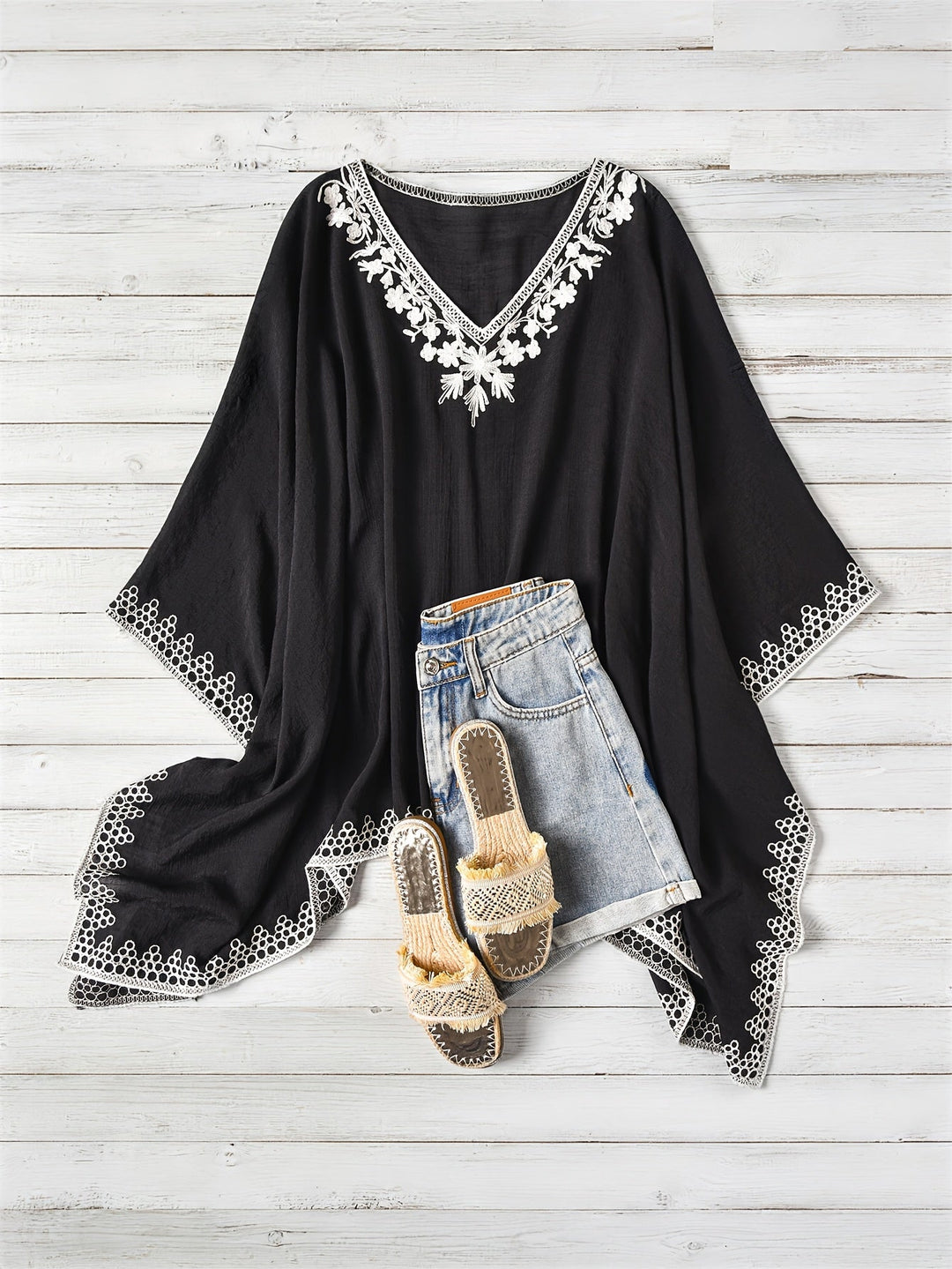 Effortless Poncho Shirt for Women with V Neck Embroidered Trim Draped Batwing Style