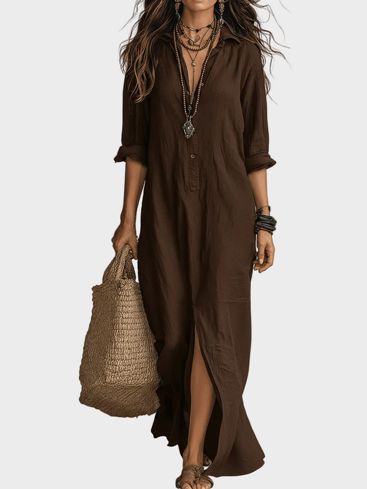 Delilah | Black Button-Front Bohemian Shirt Maxi Dress