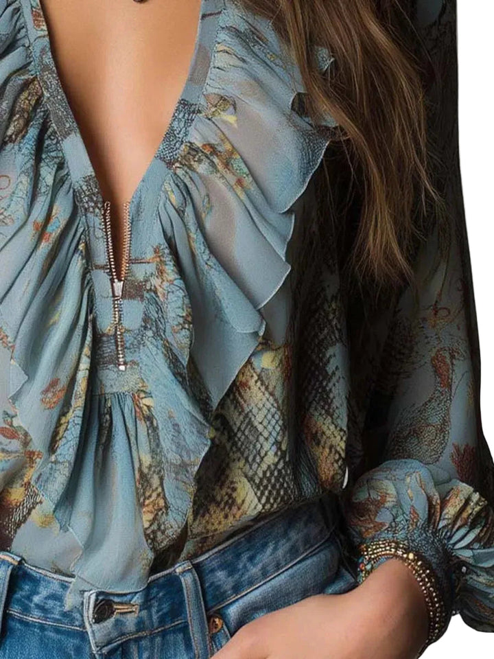 Camicetta in Chiffon Stampa Floreale Serpente con Volant e Zip – Azzurro Nebbia