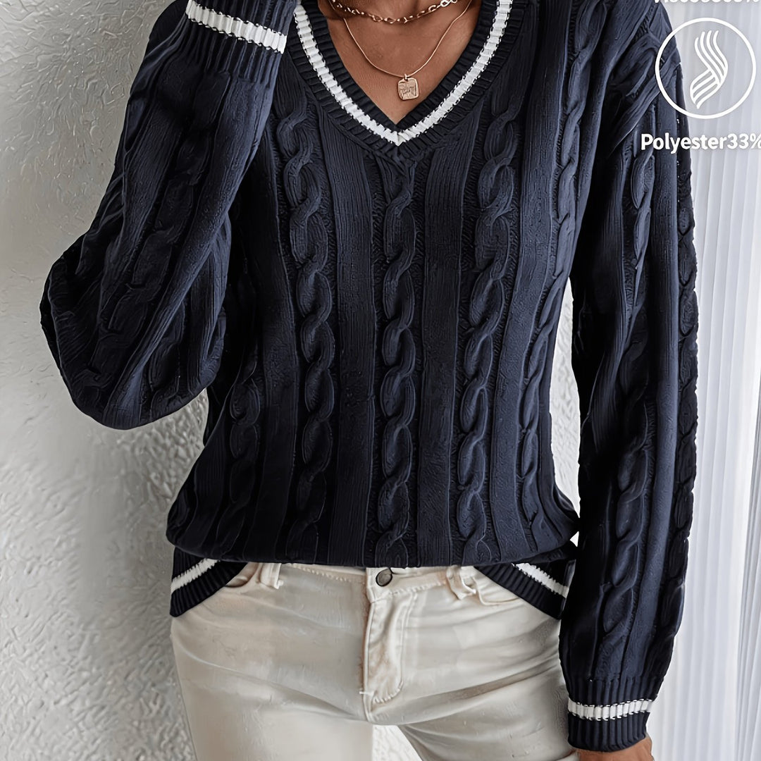 Comfortable Cable Knit Sweater for Women with V Neck Long Sleeve Striped Trim Relaxed Oversized Style