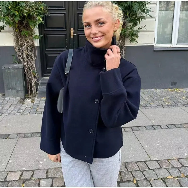 Elegant Wool Jacket for Women with Funnel Neck Long Sleeve Oversized Cropped Casual Style