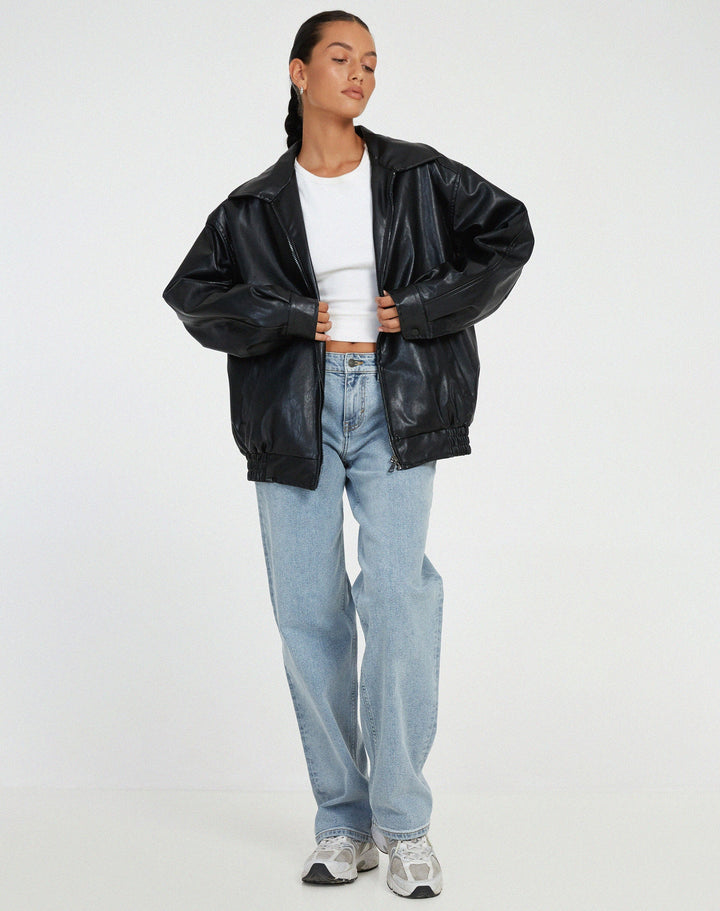 Effortless Faux Leather Jacket for Women with Collared Long Sleeve Oversized Relaxed Style