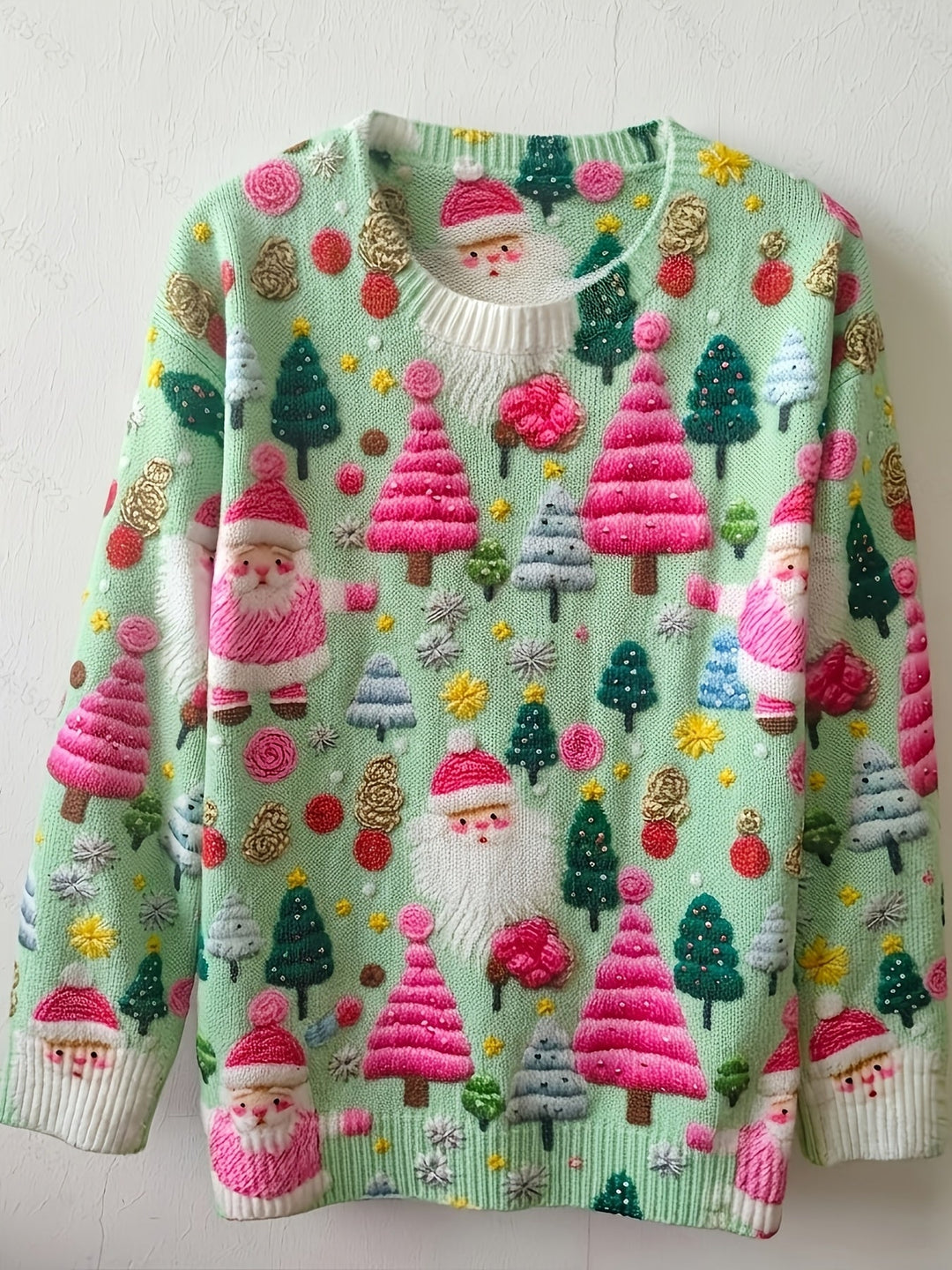 Cozy Christmas Tacky Sweater for Women with Crew Neck Long Sleeve Santa Print Oversized Knit Style