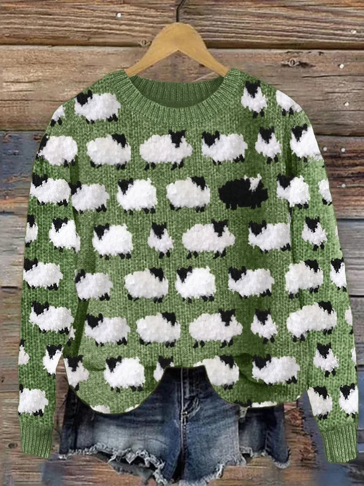 Comfortable Christmas Tree Embroidered Crewneck Sweater for Women with Long Sleeve Relaxed Oversized Knit Style
