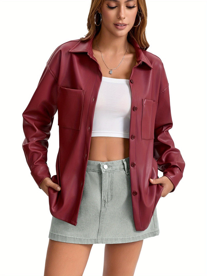 Effortless Leather Jacket for Women with Button Front Collared Oversized Shacket Style