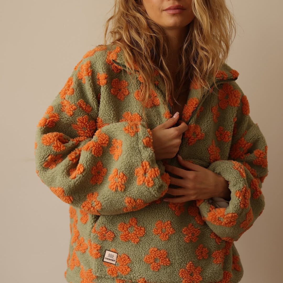 Comfortable Floral Sherpa Pullover for Women with Collar Half Zip Long Sleeve Oversized Knit Style