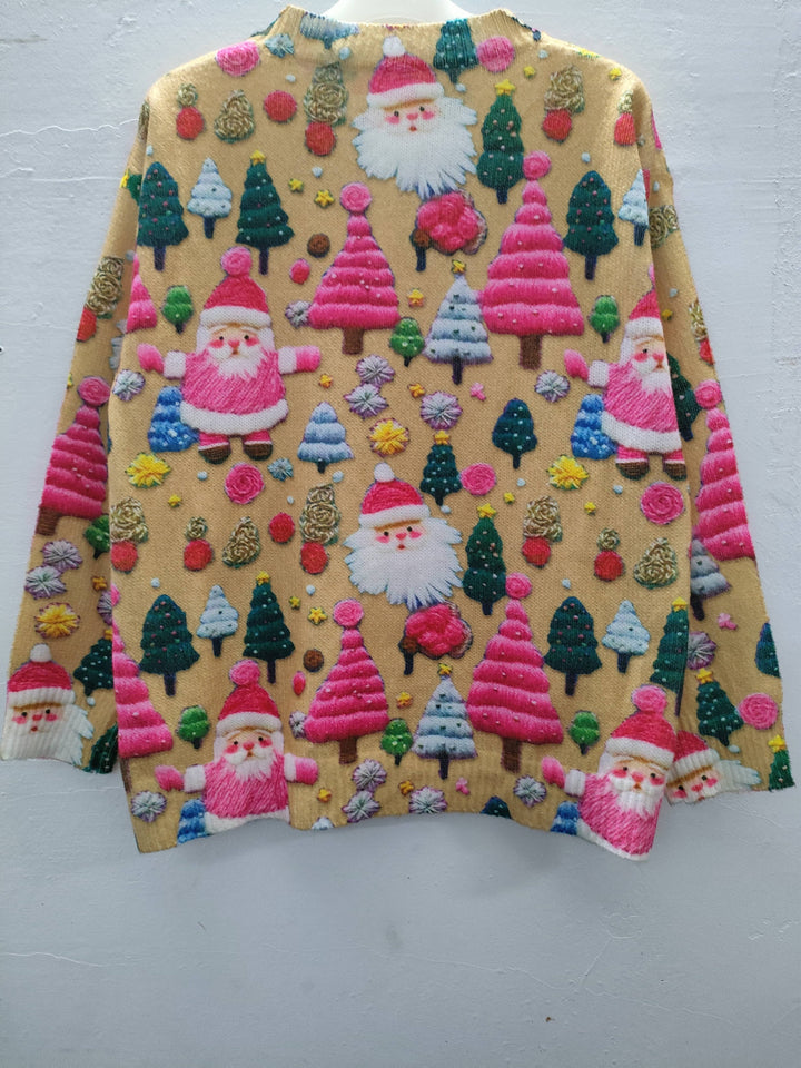 Cozy Christmas Tacky Sweater for Women with Crew Neck Long Sleeve Santa Print Oversized Knit Style