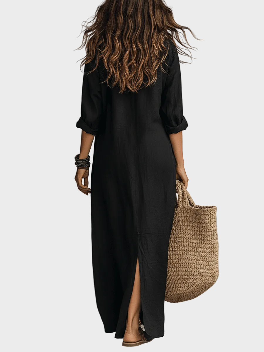 Delilah | Black Button-Front Bohemian Shirt Maxi Dress