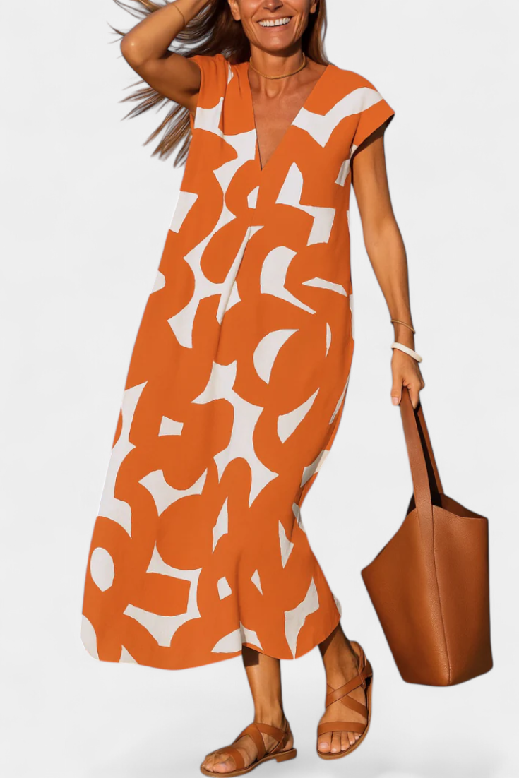 Asela Casual Dress with V-Neck and Mixi Pattern