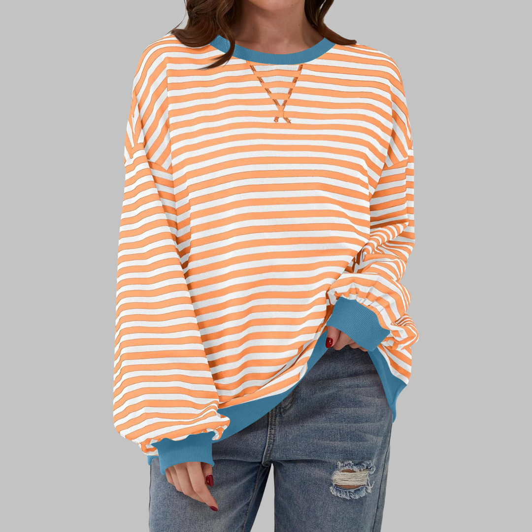 Comoda Felpa a Righe da Donna con Girocollo Maniche Lunghe Bordo a Contrasto Stile Oversize