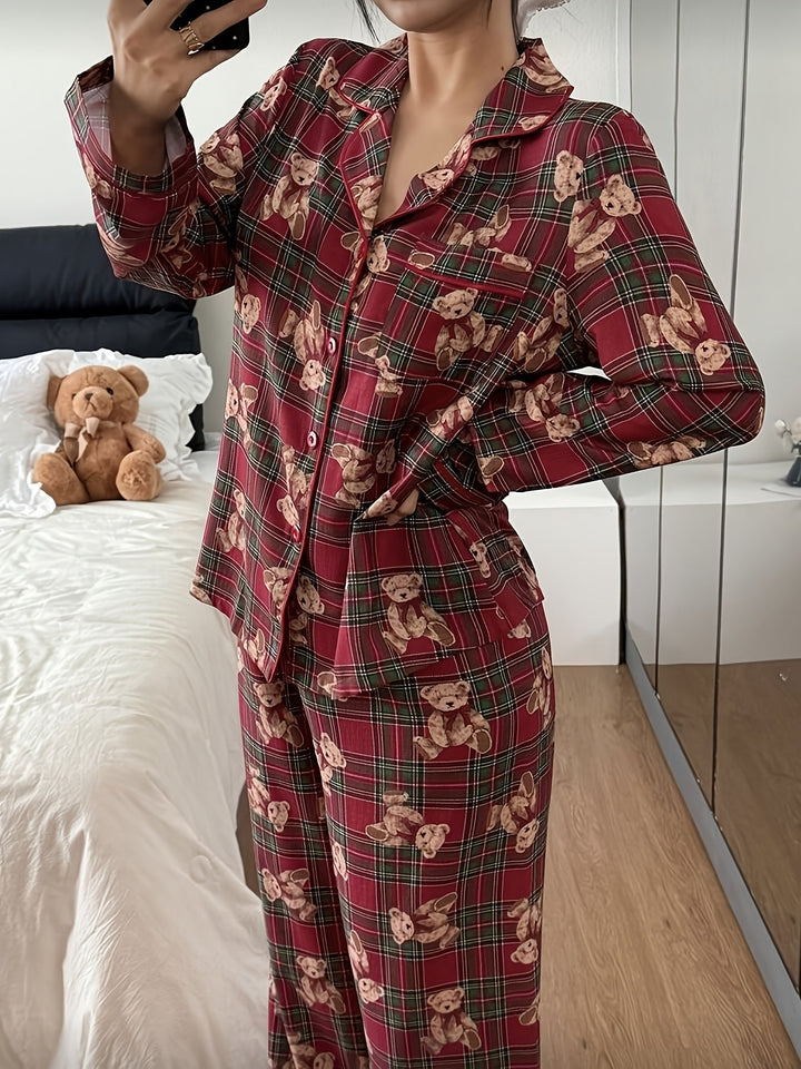 Cozy Bear Plaid Christmas Holiday Pajamas for Women with Notched Collar Long Sleeve Two Piece Style