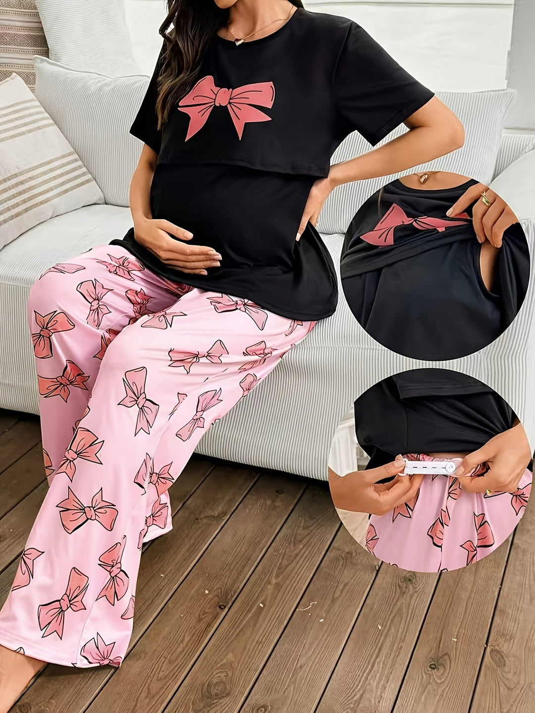 Comfortable Bow Print Maternity Pajama Set for Women with Round Neck Short Sleeve Wide Leg Two Piece Style