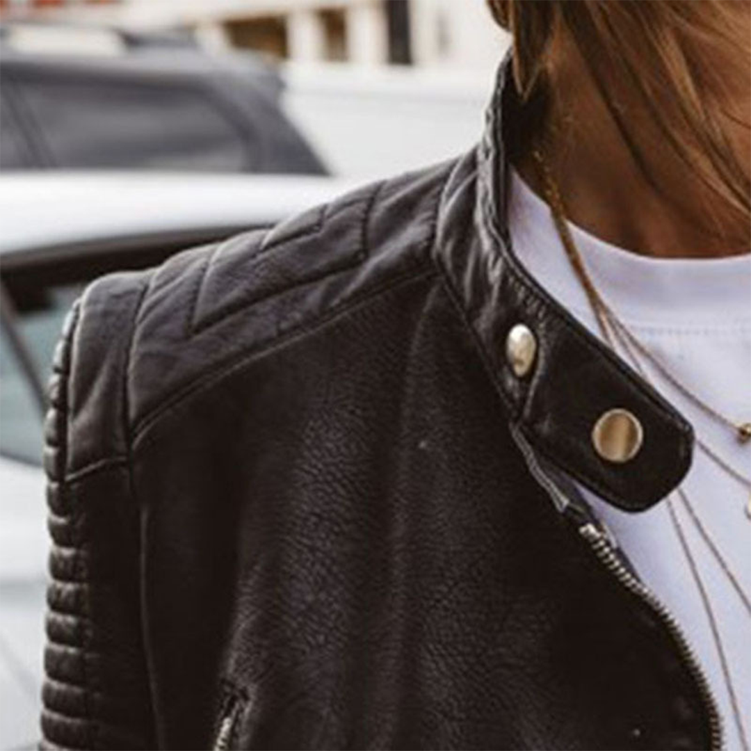 Elegant Black Leather Jacket for Women with Snap Collar Long Sleeve Quilted Cropped Moto Style