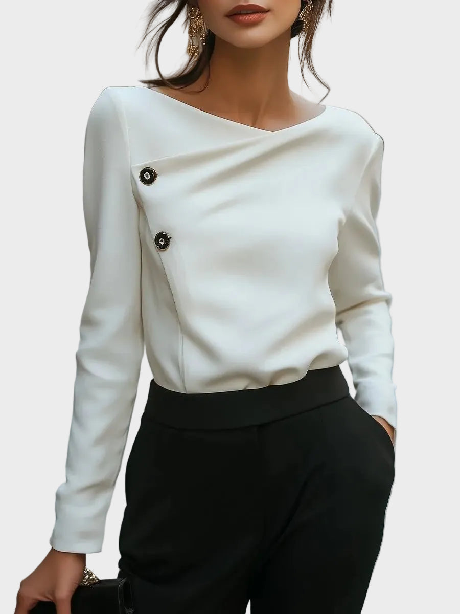 Hira| Haut blanc asymétrique boutonné sur le devant - Blouse