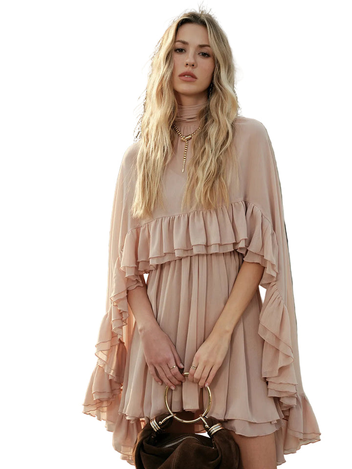 Kim - Vestito Semitrasparente in Chiffon con Rouches e Cappa Esterna