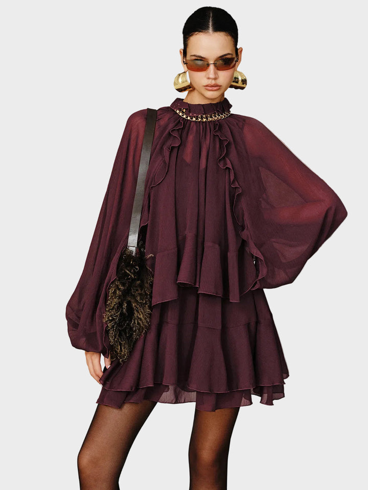 Tiana | Set miniabito in chiffon a balze a strati con sottoveste