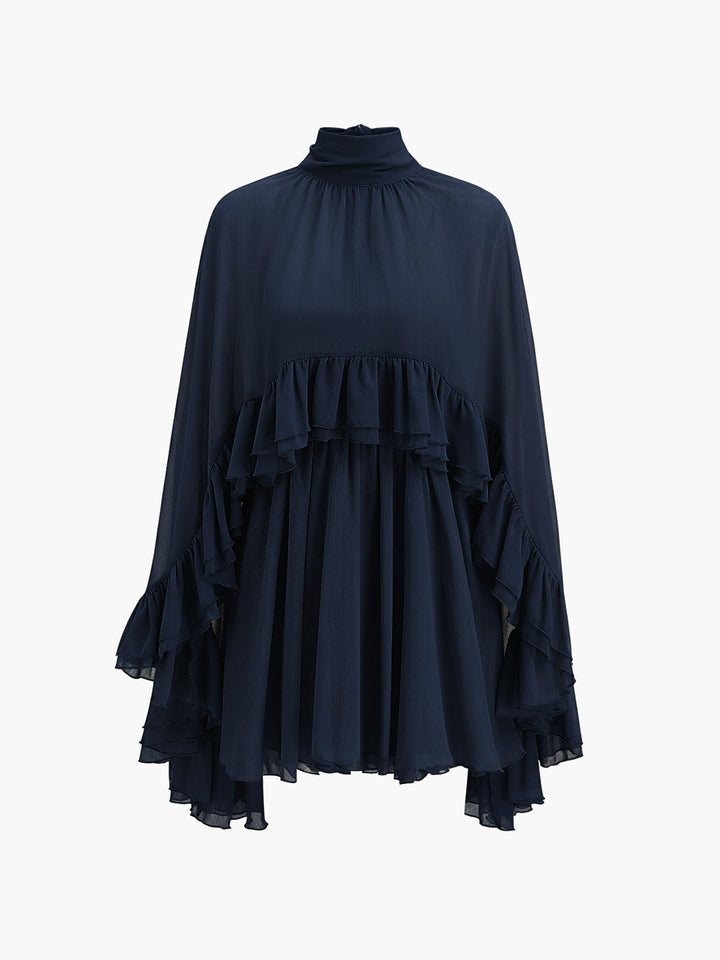 Kim - Vestito Semitrasparente in Chiffon con Rouches e Cappa Esterna