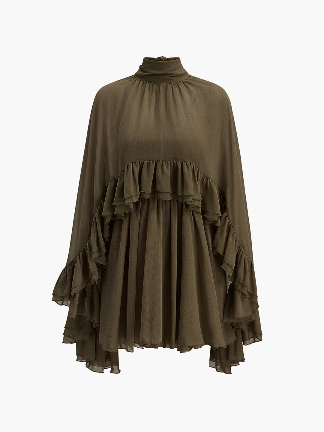 semi sheer chiffon ruffle dress with outer cape Semi-sheer chiffon ruffle dress with outer cape - Dark Brown