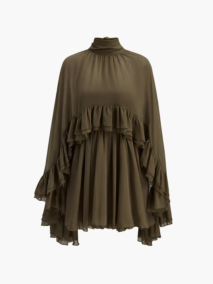 Kim - Vestito Semitrasparente in Chiffon con Rouches e Cappa Esterna