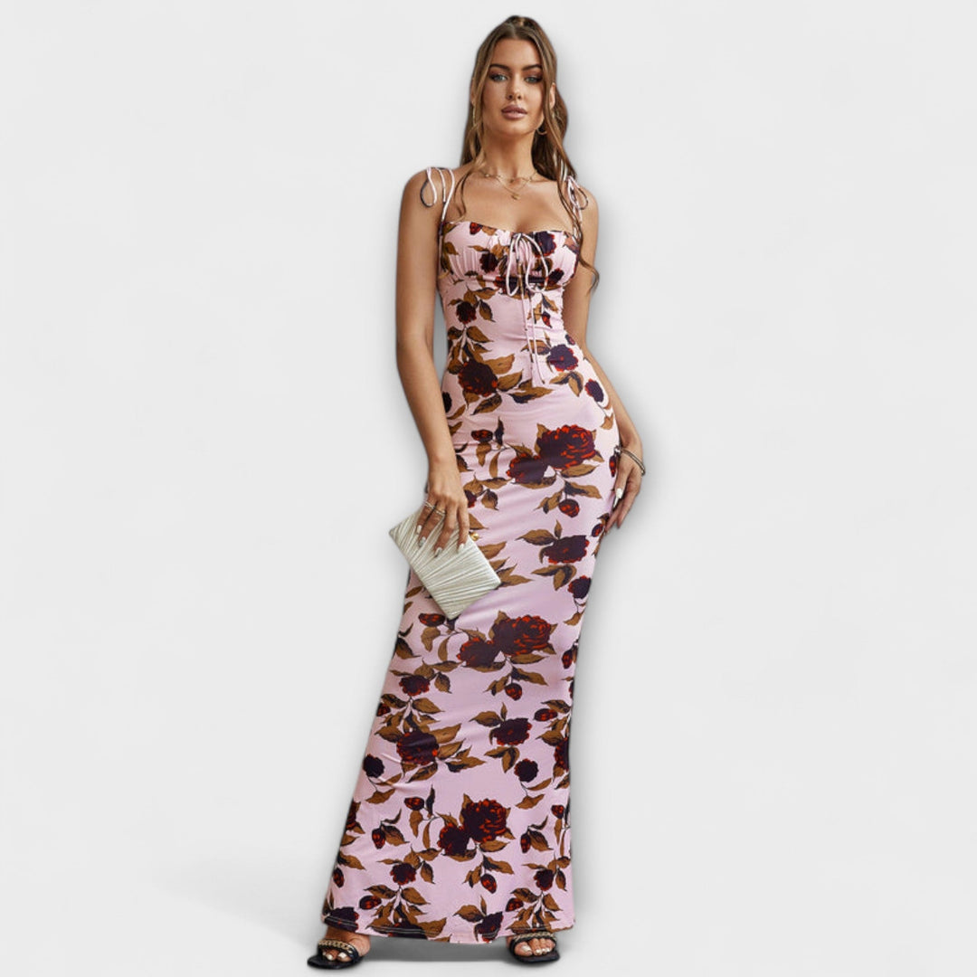 Thalia - Abito da ballo con stampa floreale e spalline annodate