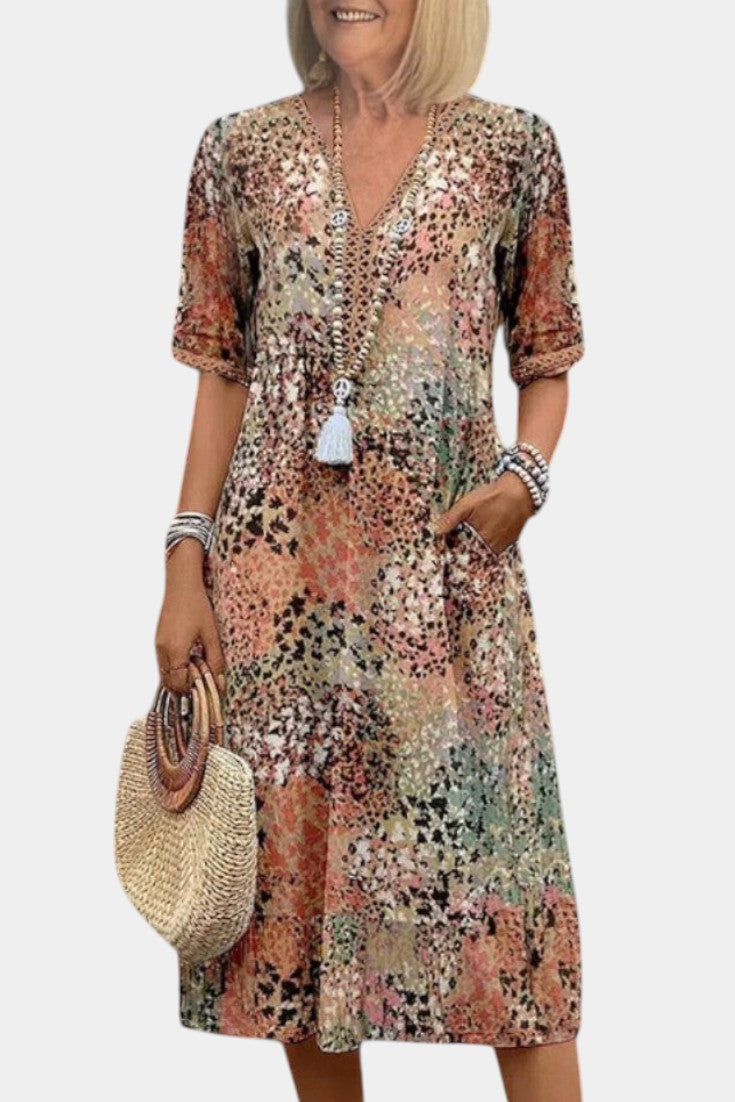 Abito Boho Perla con fantasia floreale e dettagli in maglia