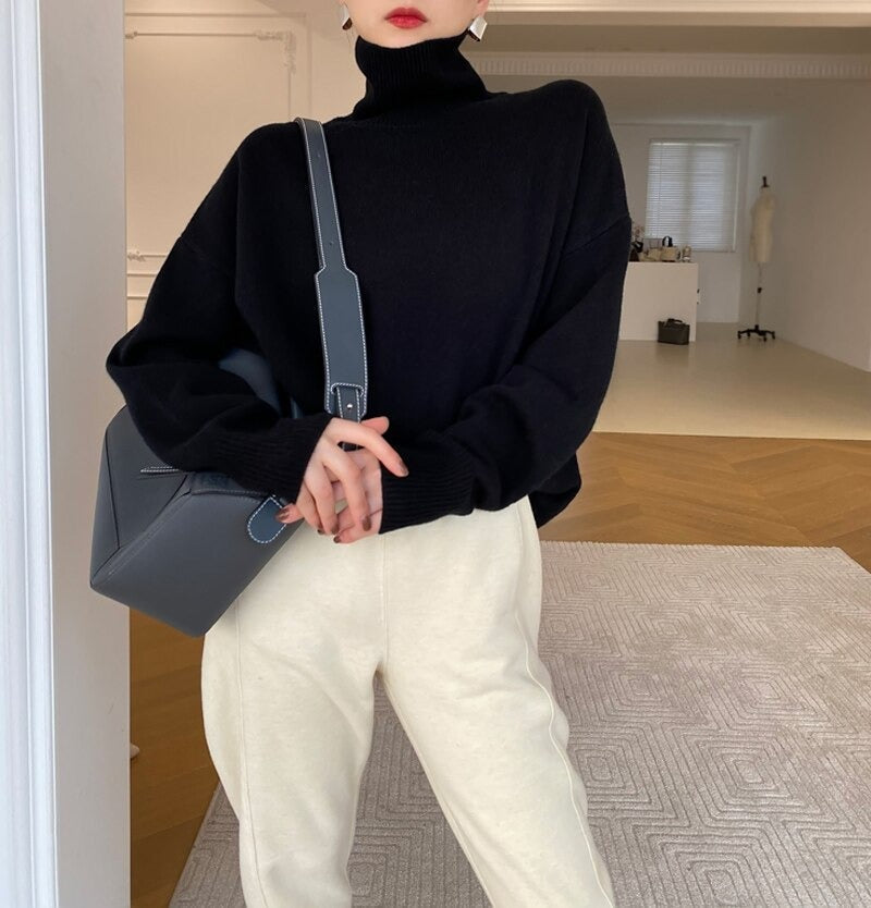 Cozy Beige Sweater for Women with Turtleneck Long Sleeve Oversized Relaxed Knit Style