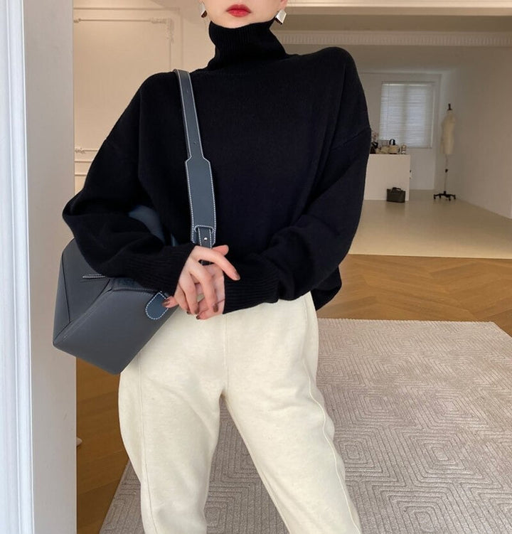 Cozy Beige Sweater for Women with Turtleneck Long Sleeve Oversized Relaxed Knit Style