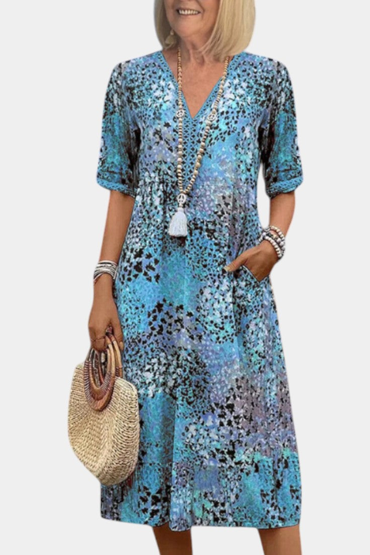 Abito Boho Perla con fantasia floreale e dettagli in maglia