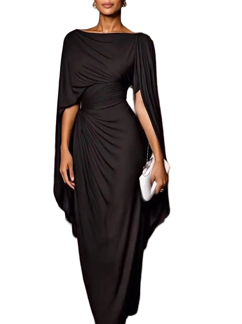 Helga - Abito lungo elegante con maniche a mantella drappeggiate